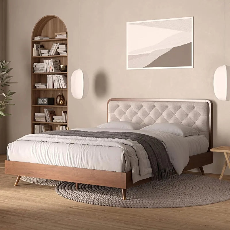 Mid-Century Modern Upholstered Bed Frame