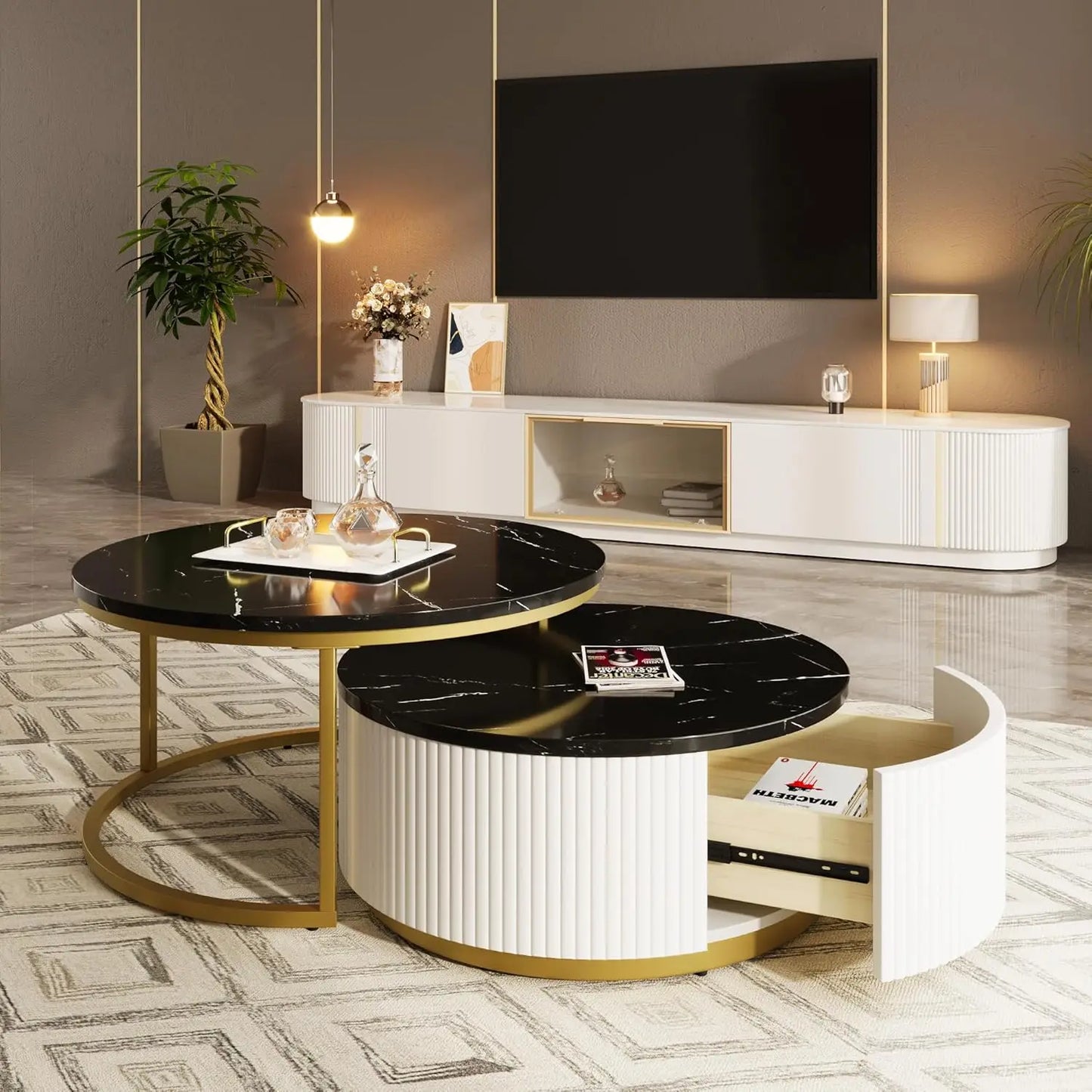 Modern Nesting Coffee Table Set – Gold & White