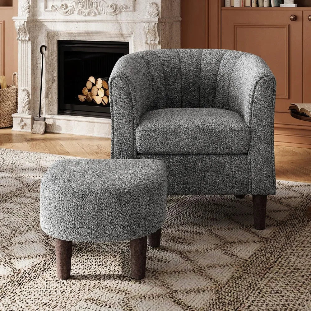 Accent Chair with Ottoman – Cream Velvet Upholstery