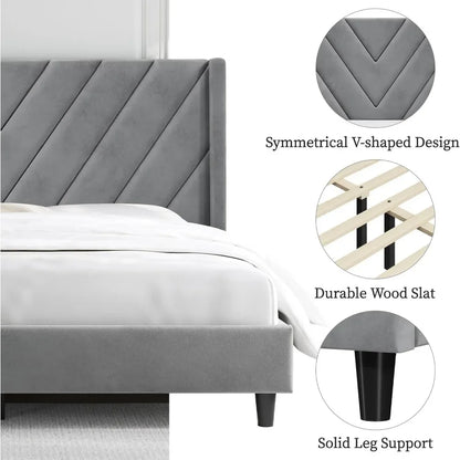 Upholstered Bed Frame with Geometric Headboard