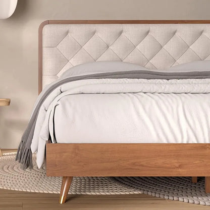 Mid-Century Modern Upholstered Bed Frame