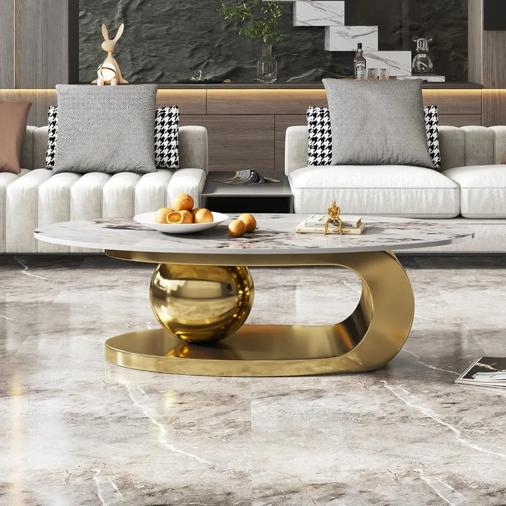 Modern Oval Stone Coffee Table with Gold Base