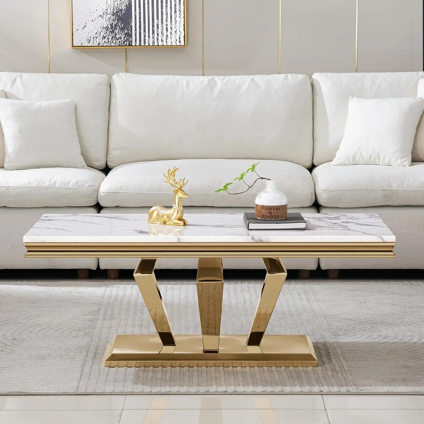 White Marble Coffee Table with Gold Base