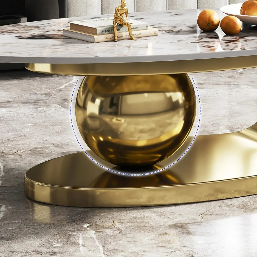 Modern Oval Stone Coffee Table with Gold Base