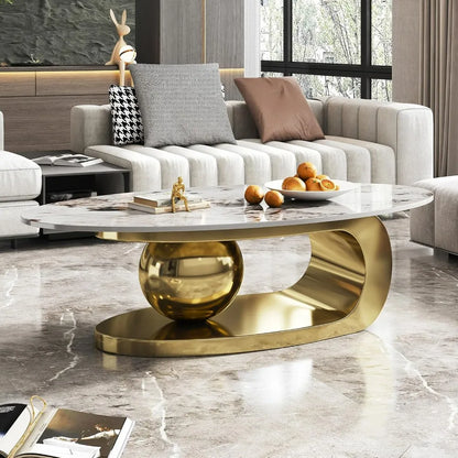 Modern Oval Stone Coffee Table with Gold Base