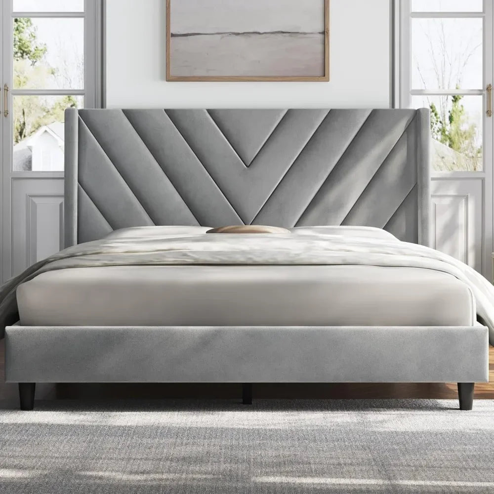 Upholstered Bed Frame with Geometric Headboard