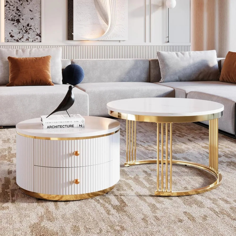 Modern Nesting Coffee Table Set – Gold & White