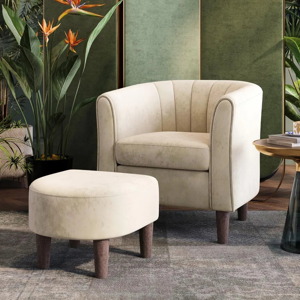 Accent Chair with Ottoman – Cream Velvet Upholstery