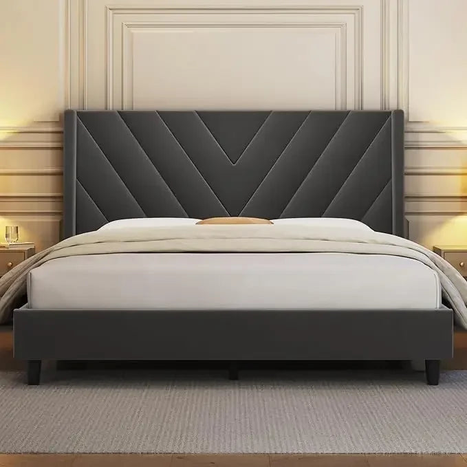 Upholstered Bed Frame with Geometric Headboard