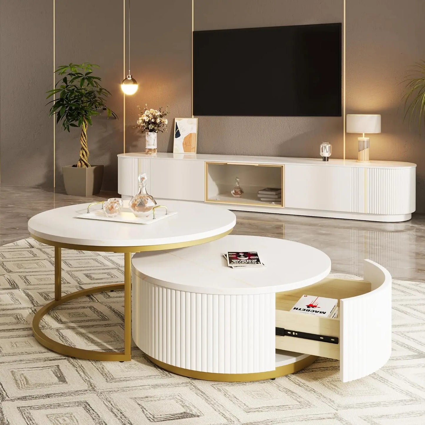 Modern Nesting Coffee Table Set – Gold & White