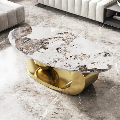 Modern Oval Stone Coffee Table with Gold Base