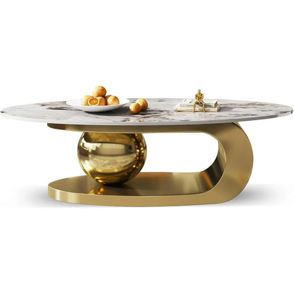 Modern Oval Stone Coffee Table with Gold Base