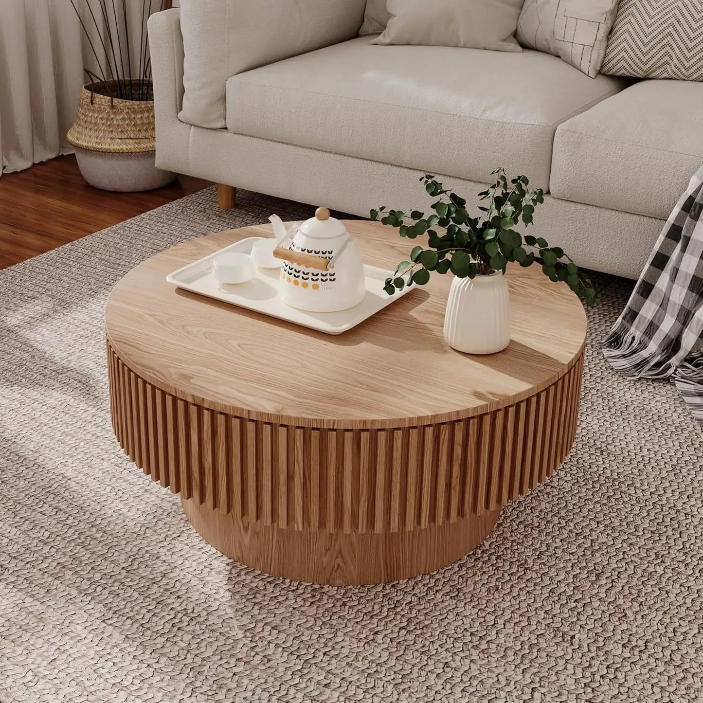 Textured Round Wooden Coffee Table