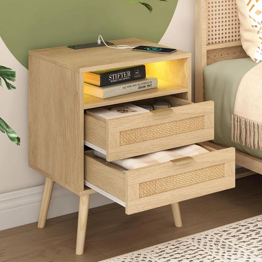 Rattan Nightstand with Drawers