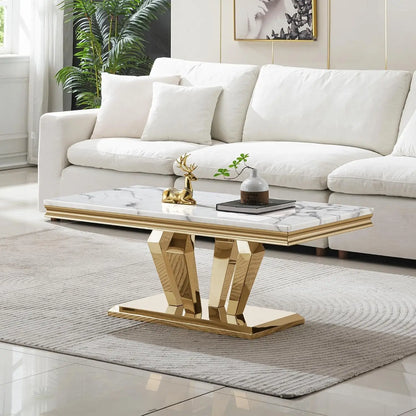 White Marble Coffee Table with Gold Base