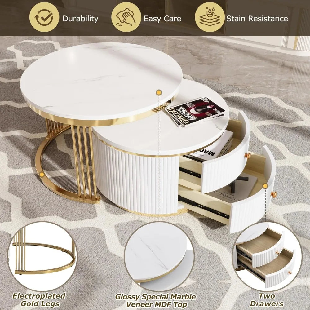 Modern Nesting Coffee Table Set – Gold & White