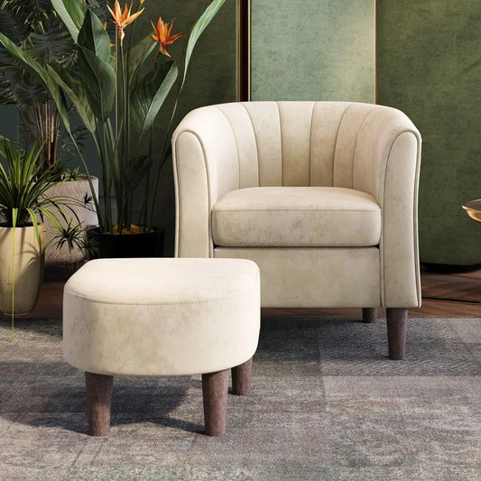 Accent Chair with Ottoman – Cream Velvet Upholstery