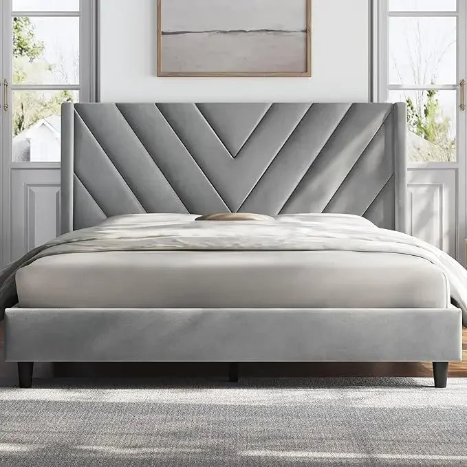 Upholstered Bed Frame with Geometric Headboard