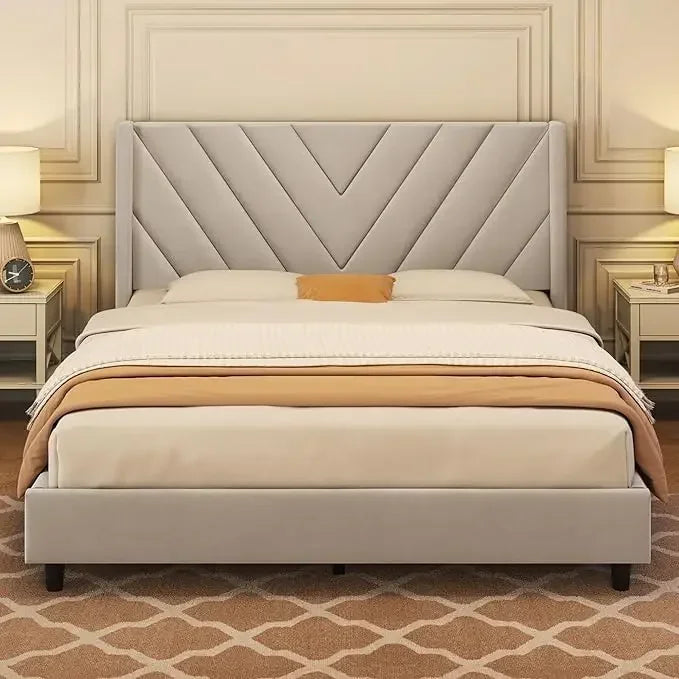 Upholstered Bed Frame with Geometric Headboard